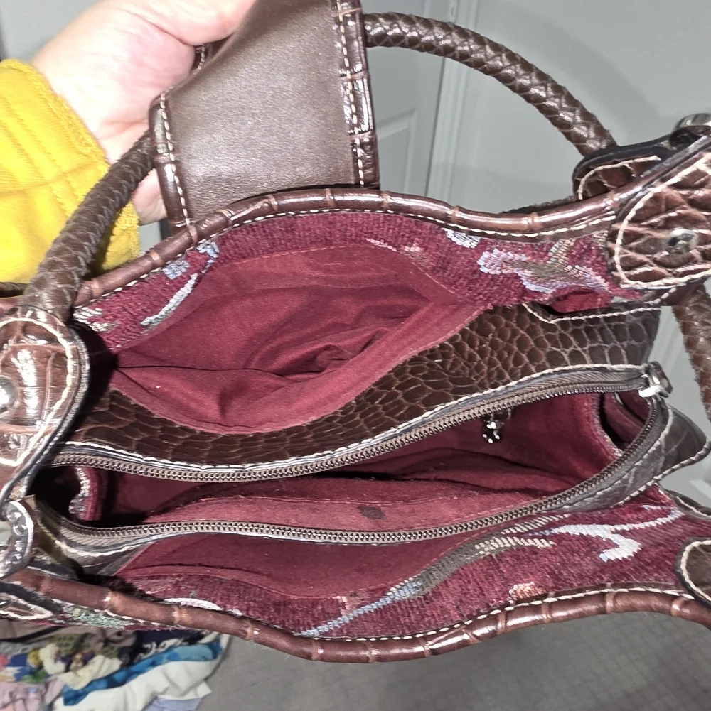 Burgundy Floral Tapestry Purse With Brown Faux Leather - Picture 9 of 11